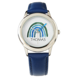 Montre Bois mignon Boho aquarelle arc-en-ciel et nom bleu