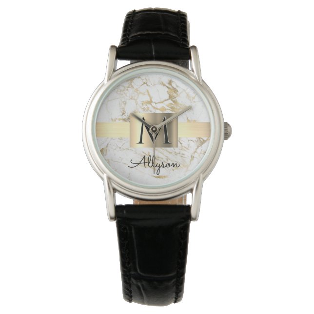 Montre Boite en or en marbre blanc et or, Monogramme de n (devant)