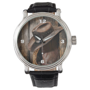 Montre bottes de cowboy en bois de grange de brun de pays
