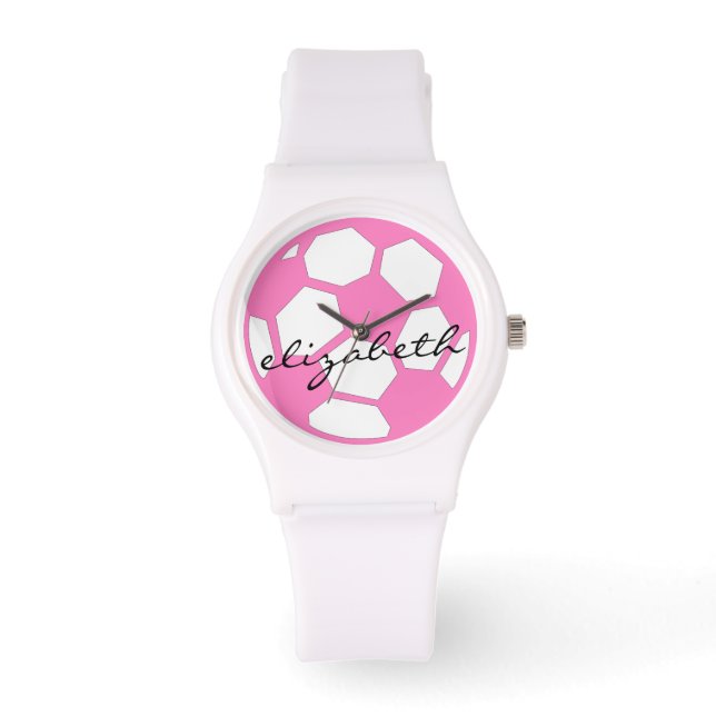 Montre Boule de football rose et nom (Recto)