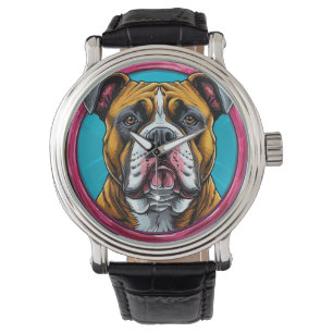 Montre Bouledogue encadré dans un motif décoratif circula