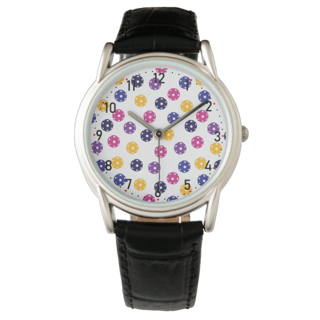 Montre 💛 Boulettes jaunes et 💜 violets sur blanc Watch (devant)