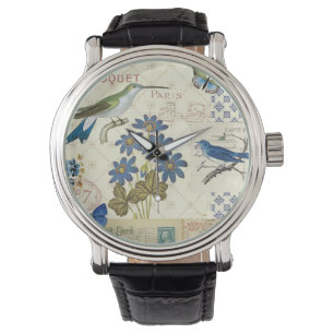 Montre Bouquet de fleurs bleues, d'oiseaux et de papillon