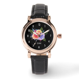 Montre Bouquet de fleurs Rose d'aquarelle sur noir