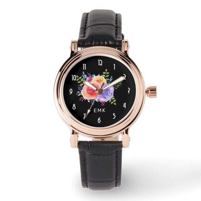 Montre Bouquet de fleurs Rose d'aquarelle sur noir (Recto)