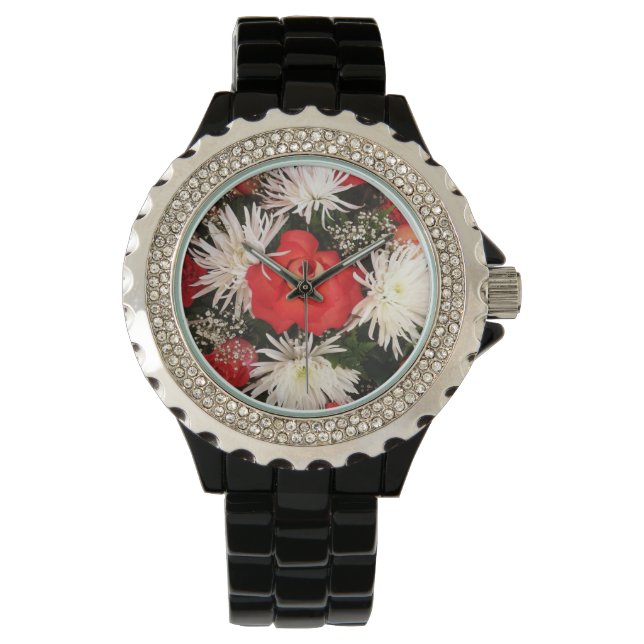 Montre Bouquet de rose rouge et fleurs blanches (devant)