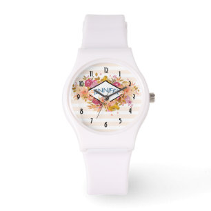 Montre Bouquet floral orange et rose avec cadre diamant