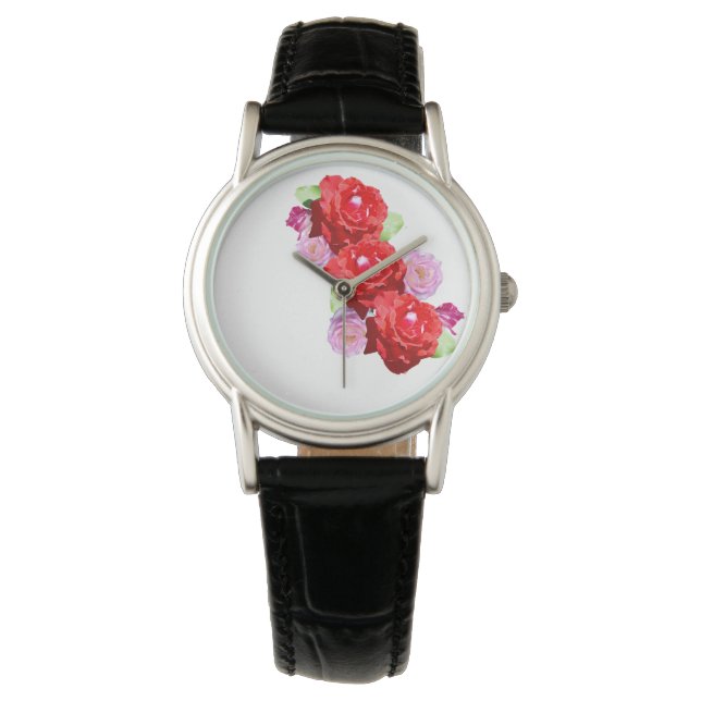 Montre Bouquet Rose Et Rose Rouge, Cuir Dames (devant)