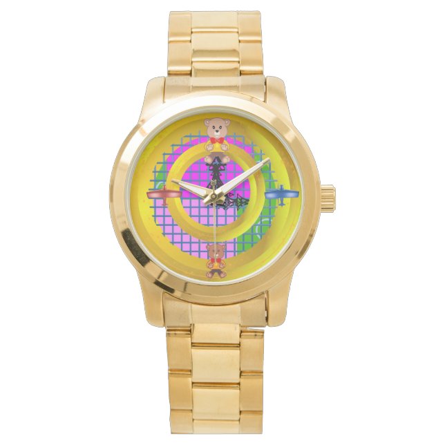 Montre Bowtie Teddy Blue Red Planes Gold Rings géométriqu (devant)