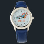 Montre Boys Blue Hot Flames & Racing Car Kids<br><div class="desc">La conception de la montre de ce garçon cool est dotée d'une voiture de course bleue avec roues noires et flammes chaudes, numéros, et a lieu pour vous d'ajouter votre nom d'enfant dans la simple typographie. Le cadeau parfait pour tous les amateurs de voitures de course. Consultez le reste de...</div>