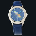 Montre Boys Cute Blue Rocket Ship Space and Name Kids<br><div class="desc">Cette jolie montre pour enfants présente un magnifique et coloré vaisseau-fusée tiré à la main dans l'espace. Ce design bleu unique dispose également d'un endroit où vous pouvez ajouter votre nom de garçon. Avec des chiffres faciles à lire, ce design est parfait pour votre bébé ou la première montre de...</div>