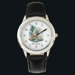 Montre Boys mignon Rustique Bois Forêt Animaux<br><div class="desc">Cette petite fille mignonne et rustique montre un adorable dessin animal en bois, avec un cerf, un hérisson, un blaireau, un champignon et de la verdure, et de l'espace pour ajouter le nom de votre garçon ou de votre fille dans une simple typographie. Le design parfait pour tout amoureux des...</div>