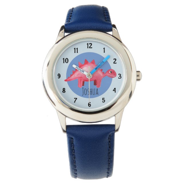 Montre Boys Red Watercolor Dinosaur et nom Enfants (devant)