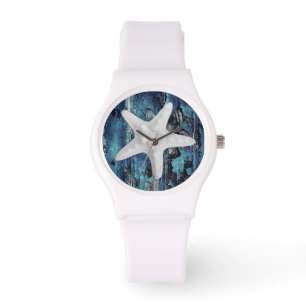 Montre-bracelet blanche rustique bleue d'étoiles