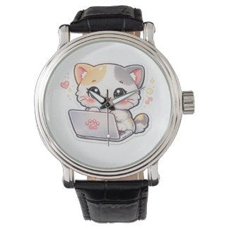 Montre-bracelet Chibi Chat Kawaii avec Ordinateur 