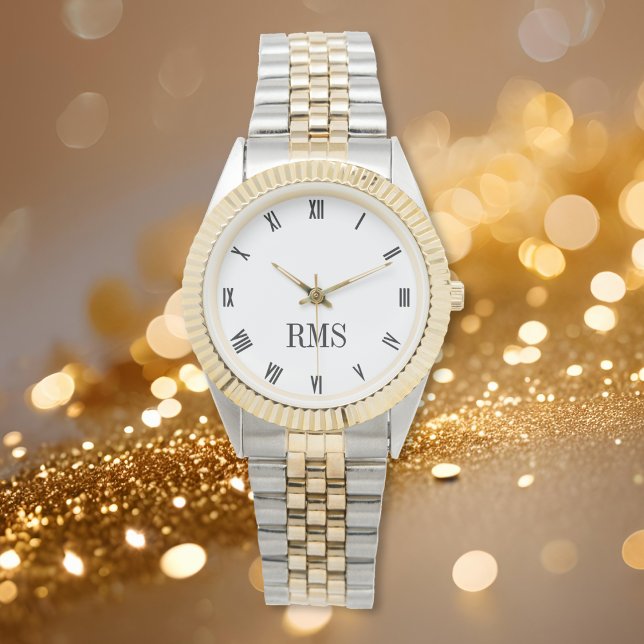 Montre Bracelet Monogramme Noir et Blanc Or Silver (Black and White Monogram Gold Silver Tone Bracelet Watch)