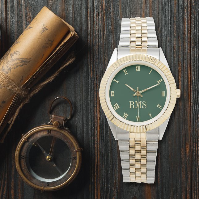 Montre Bracelet Monogramme Or Vert Moderne Argent Bracele (Modern Green Monogrammed Gold Silver Tone Bracelet Watch)