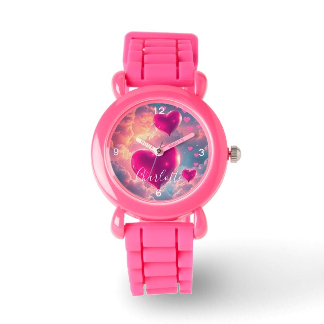 Montre Bracelet rose pour enfants personnalisé avec coeur (Recto)