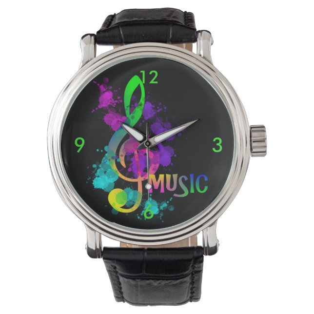 Montre Bright Rainbow Treble Clef Music Paint Splatter (devant)