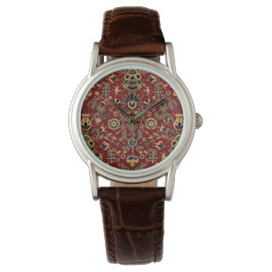 Montre Broderie folklorique jaune, vert, noir sur fond ro