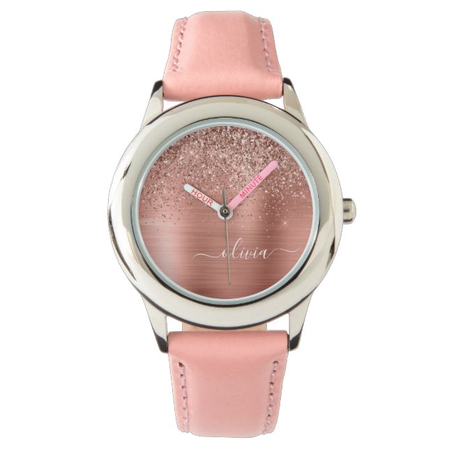 Montre Brushed metal rose Gold Pink Glitter Monogram (devant)