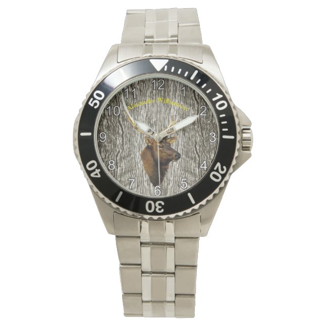 Montre Bull Elk sur Rustic Wood arrière - plan (devant)