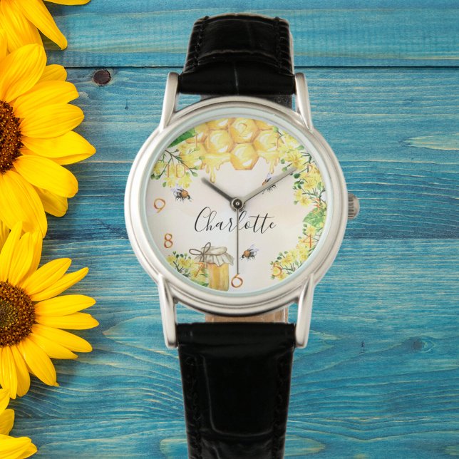 Montre Bumble abeilles miel fleurons jaunes nom monogramm (Créateur téléchargé)