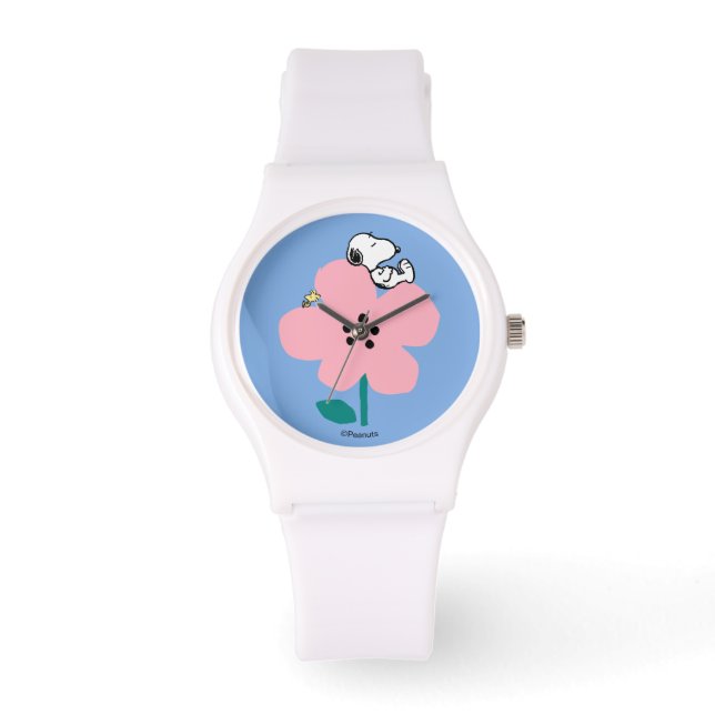 Montre cacahuètes | Snoopy & Woodstock Nap sur Fleur rose (Recto)