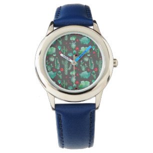 Montre cactus and ladybutern pattern - black background