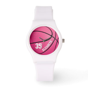Montre cadeau de basket-ball rose girly personnalisé