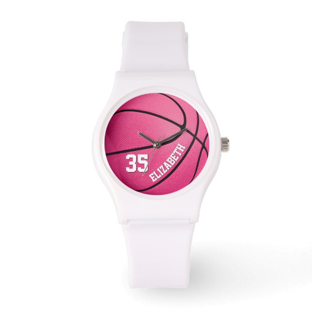 Montre cadeau de basket-ball rose girly personnalisé (Recto)