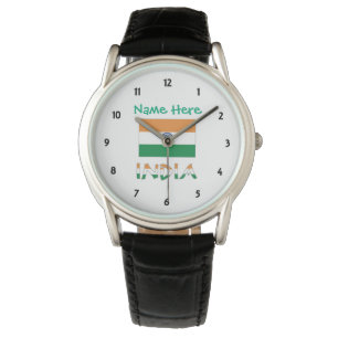 Montre Cadeau en cuir noir avec drapeau de l'Inde personn