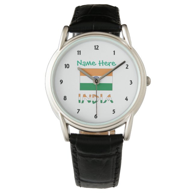 Montre Cadeau en cuir noir avec drapeau de l'Inde personn (devant)
