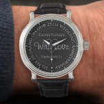 Montre Cadeau pour mari. 25e anniversaire du Mariage<br><div class="desc">Montre-cadeau pour mari lors d'un anniversaire mariage. Montre spéciale avec inscription. 25e anniversaire de mariage cadeau. Watch a l'inscription plus le message "With Love". Aussi le nom de chaque partenaire. Face de montre noire.</div>