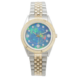 Montre Cadran bleu de solitaire de diamant d'opale de feu