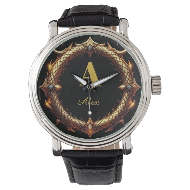Montre ✨ Cadre de cercle orné de dragon de lettre initial (devant)
