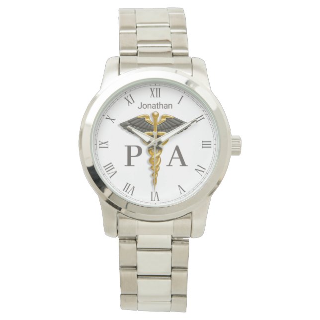 Montre Caducée d'or aux ailes noires Nom Assistant de méd (devant)