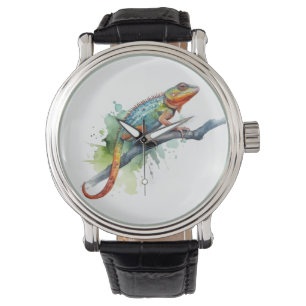 Montre caméléon sur une branche aquarelle couleurs vives