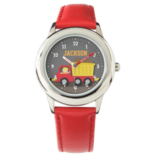 Montre Camion à benne rouge construction garçon personnal (devant)