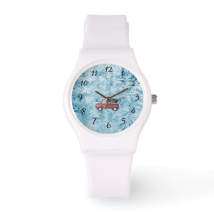 Montre camionnette rouge vintage sur fond de flocon de ne