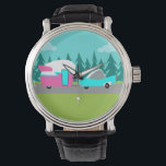Montre Camper Retro / Remorque et surveillance de voiture<br><div class="desc">Ce Camper Rétro / Remorque et Montre de Voiture présente un dessin de dessin minimaliste moderne du milieu du siècle qui vous laissera prêt à prendre la route ouverte. Hommage aux années 1950, ce design présente une voiture turquoise vintage au sommet blanc, tirant une remorque kitschy vers sa destination finale....</div>