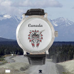 Montre Canada Coloré Amérindien Chef<br><div class="desc">Montre "Canada" en texte écrit et la tête d'un Indien portant une coiffure en plumes rouges et blanches. Le coiffeur est aussi appelé capot de guerre et est porté par des hommes, comme un chef, qui sont tenus en haute estime par leur tribu. Ce chef coloré est résolu et fier....</div>
