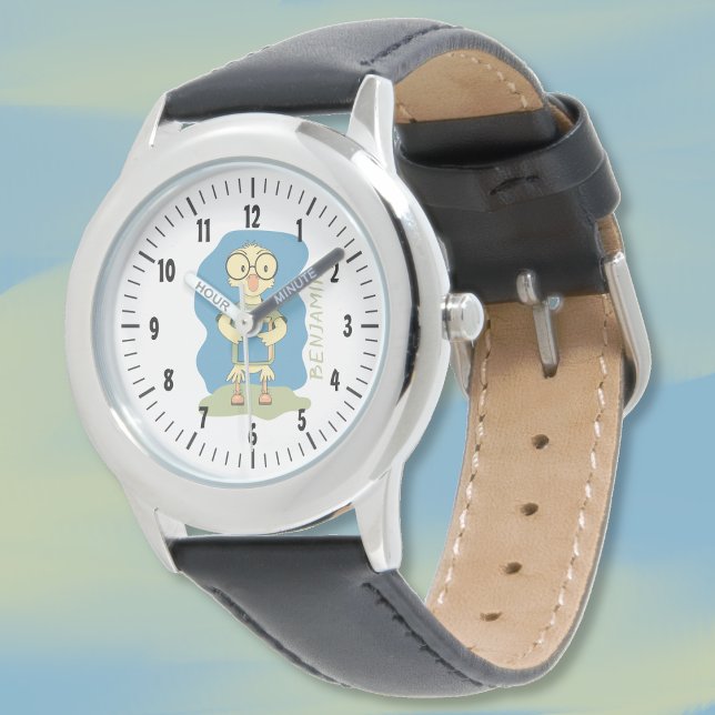 Montre Canot avec livre Guetteur personnalisé enfant (Cute gender neutral kid watch with a duckling . Personalize it with child's name . )