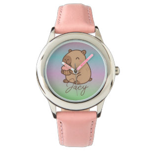 Montre Capybara mignon mangeant des cupcakes Arc-en-ciel