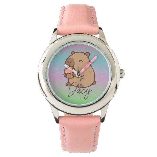 Montre Capybara mignon mangeant des cupcakes Arc-en-ciel (devant)