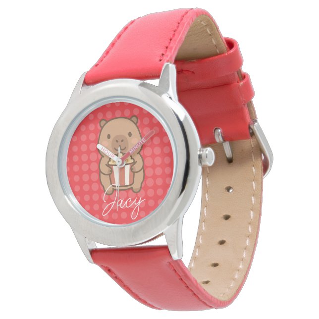 Montre Capybara mignon mangeant du pop-corn pour enfants (Incliné)