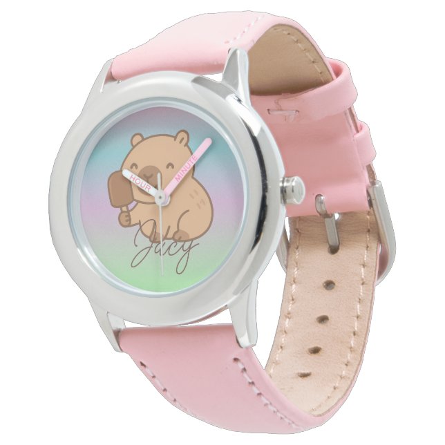 Montre Capybara mignon mangeant une glace Arc-en-ciel (Incliné)