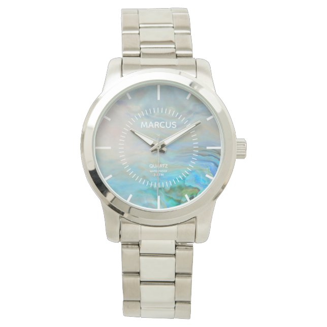 Montre Caraibes bleu Agate blanc cadran personnalisé (devant)