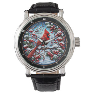 Montre Cardinal rouge sur branche enneigée