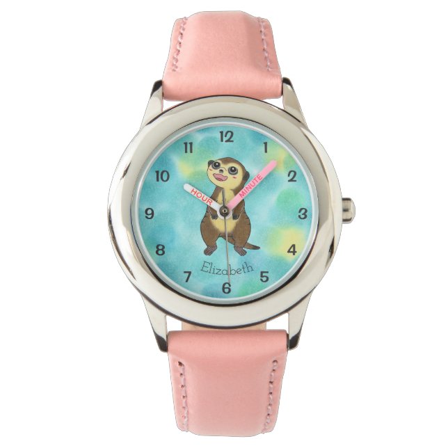 Montre Caricature Cute Meerkat - Pink Kids Nom de l'enfan (devant)